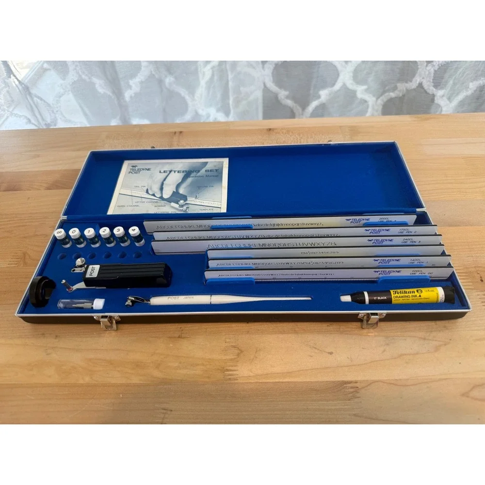 Vintage Teledyne Post Lettering Set Drafting Kit Scriber Templates Case Pelikan